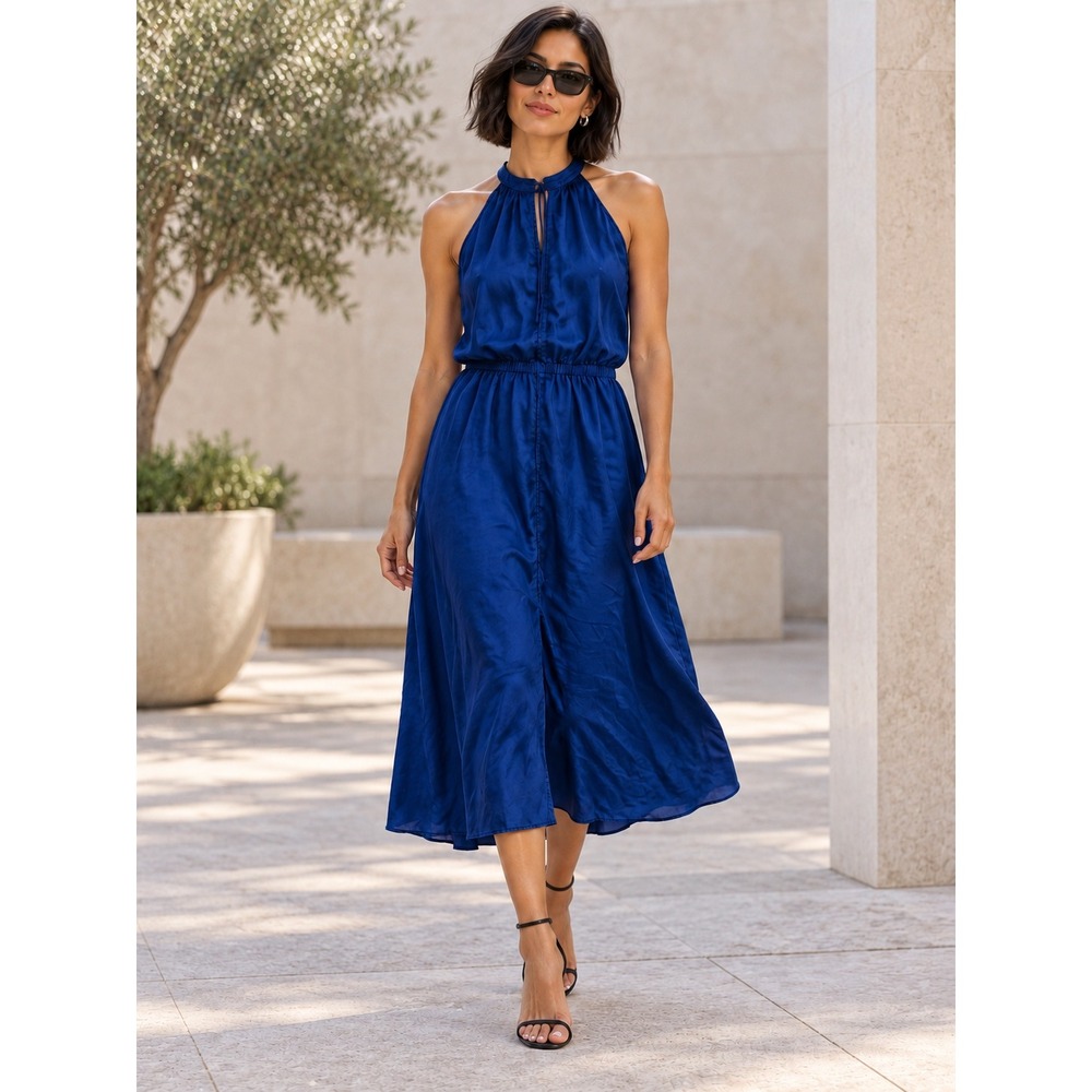 A.L.C. Royal Blue 100% Washed Silk Halter Midi Dress Size M 6537WG